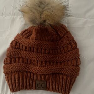 C.C Knit Beanie with Faux Fur Pom - Rust